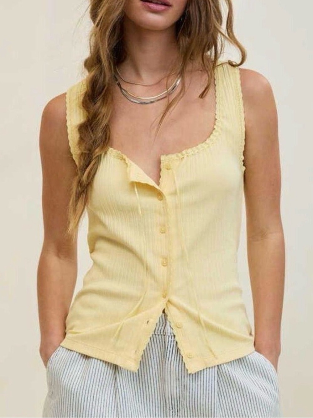 Aerie yellow ribbed lace trim tank